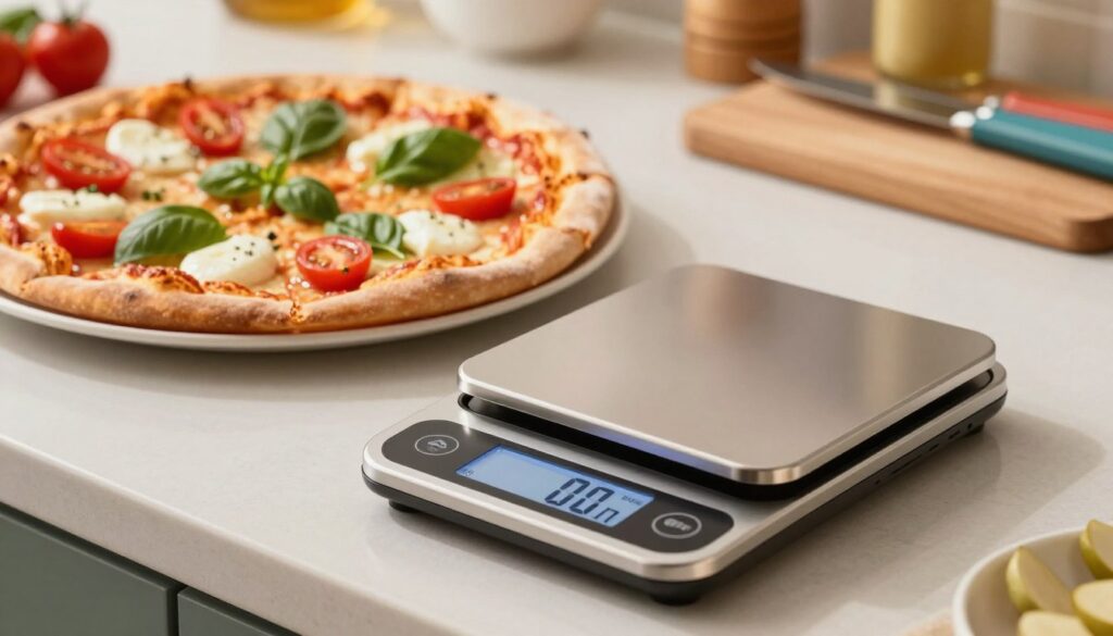 A 30 cm pizza displayed on a digital kitchen scale, showcasing its weight in grams with pinpoint accuracy. In the foreground, the focus is on a shiny silver scale with a high-tech digital readout, emphasizing precision. The middle ground features a perfectly baked pizza topped with vibrant ingredients like fresh basil, mozzarella, and cherry tomatoes, glistening under warm, inviting lighting. In the background, a cozy kitchen setting with soft-focus elements, such as wooden cutting boards and colorful utensils, adds a homely atmosphere. The image is taken from a slightly elevated angle to capture both the pizza and the scale, creating a clear, informative composition. The overall mood is warm and inviting, perfect for a cooking article. A 30 cm pizza displayed on a digital kitchen scale, showcasing its weight in grams with pinpoint accuracy. In the foreground, the focus is on a shiny silver scale with a high-tech digital readout, emphasizing precision. The middle ground features a perfectly baked pizza topped with vibrant ingredients like fresh basil, mozzarella, and cherry tomatoes, glistening under warm, inviting lighting. In the background, a cozy kitchen setting with soft-focus elements, such as wooden cutting boards and colorful utensils, adds a homely atmosphere. The image is taken from a slightly elevated angle to capture both the pizza and the scale, creating a clear, informative composition. The overall mood is warm and inviting, perfect for a cooking article.