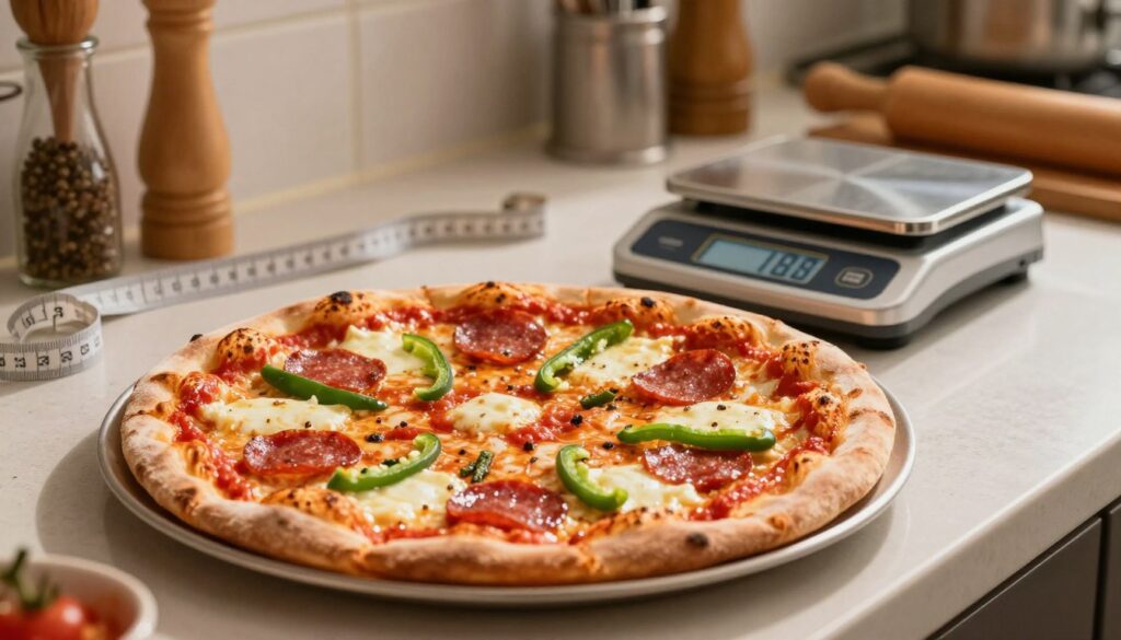 A 30 cm pizza is artfully presented in a well-lit kitchen setting. The foreground showcases a vibrant, freshly baked pizza topped with vibrant ingredients like gooey mozzarella, rich tomato sauce, green bell peppers, and pepperoni, emphasizing the varying toppings' impact on weight. In the middle ground, a digital kitchen scale displays the pizza’s weight adjacent to a measuring tape, highlighting its diameter. The background features a subtle blur of kitchen utensils and ingredients, hinting at the pizza-making process. The lighting is warm and inviting, casting soft shadows that enhance the textures of the crust and toppings. The atmosphere is focused and educational, inviting viewers to consider the factors influencing pizza weight. A 30 cm pizza is artfully presented in a well-lit kitchen setting. The foreground showcases a vibrant, freshly baked pizza topped with vibrant ingredients like gooey mozzarella, rich tomato sauce, green bell peppers, and pepperoni, emphasizing the varying toppings' impact on weight. In the middle ground, a digital kitchen scale displays the pizza’s weight adjacent to a measuring tape, highlighting its diameter. The background features a subtle blur of kitchen utensils and ingredients, hinting at the pizza-making process. The lighting is warm and inviting, casting soft shadows that enhance the textures of the crust and toppings. The atmosphere is focused and educational, inviting viewers to consider the factors influencing pizza weight.