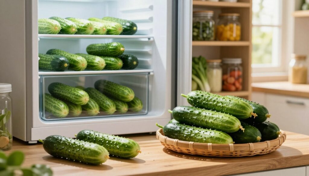 A beautiful kitchen scene showcasing fresh, green cucumbers laid out for storage. In the foreground, a wooden countertop is adorned with a basket filled with shiny, crisp cucumbers, glistening with moisture. In the middle, various storage options are presented; an open refrigerator showcasing neatly organized cucumbers on a shelf, alongside a rustic pantry filled with jars and vegetables. The background features a sunlit kitchen window, casting soft, warm light across the scene to create a fresh and inviting atmosphere. The composition emphasizes the contrast between the cold storage of the refrigerator and the warmth of the pantry, evoking a sense of home and care in preserving the crunchiness of cucumbers. Bright, natural lighting enhances the freshness of the cucumbers, making them appear appealing and vibrant.