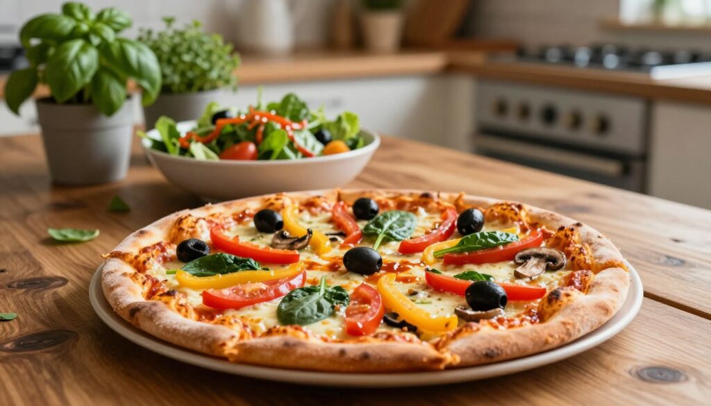 A beautiful vegetarian pizza, artfully arranged on a rustic wooden table. The foreground features a freshly baked pizza with a golden-brown crust, generously topped with vibrant ingredients: colorful bell peppers, olives, mushrooms, fresh spinach, and slices of juicy tomatoes. The cheese is gooey and bubbling, invitingly glistening in warm light. In the middle ground, a soft-focus salad bowl with mixed greens and vibrant vinaigrette complements the pizza. The background displays a softly lit kitchen ambiance with potted herbs like basil and oregano, adding a fresh, homely feel. The overall atmosphere is warm and inviting, evoking the comfort of a delicious meal shared among friends. Perfectly captured with a warm color palette and soft natural lighting, the image invites viewers to savor the deliciousness of vegetarian pizza. A beautiful vegetarian pizza, artfully arranged on a rustic wooden table. The foreground features a freshly baked pizza with a golden-brown crust, generously topped with vibrant ingredients: colorful bell peppers, olives, mushrooms, fresh spinach, and slices of juicy tomatoes. The cheese is gooey and bubbling, invitingly glistening in warm light. In the middle ground, a soft-focus salad bowl with mixed greens and vibrant vinaigrette complements the pizza. The background displays a softly lit kitchen ambiance with potted herbs like basil and oregano, adding a fresh, homely feel. The overall atmosphere is warm and inviting, evoking the comfort of a delicious meal shared among friends. Perfectly captured with a warm color palette and soft natural lighting, the image invites viewers to savor the deliciousness of vegetarian pizza.