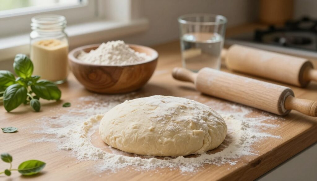 A beautiful wooden kitchen counter set in warm, inviting lighting, showcasing freshly prepared pizza dough ready for rising. The foreground features a round, hand-kneaded dough ball dusted with flour, with a rolling pin nearby. In the middle ground, a rustic wooden bowl filled with flour sits next to a jar of yeast and a glass of warm water, hinting at the preparation process. The background includes soft-focus images of herbs like basil and oregano, as well as a rolling dough on the counter. The atmosphere should feel cozy and homely, evoking the idea of preparing pizza dough the day before for a delicious meal. Use soft, natural lighting to enhance the texture of the dough and wooden surfaces. No text or people present. A beautiful wooden kitchen counter set in warm, inviting lighting, showcasing freshly prepared pizza dough ready for rising. The foreground features a round, hand-kneaded dough ball dusted with flour, with a rolling pin nearby. In the middle ground, a rustic wooden bowl filled with flour sits next to a jar of yeast and a glass of warm water, hinting at the preparation process. The background includes soft-focus images of herbs like basil and oregano, as well as a rolling dough on the counter. The atmosphere should feel cozy and homely, evoking the idea of preparing pizza dough the day before for a delicious meal. Use soft, natural lighting to enhance the texture of the dough and wooden surfaces. No text or people present.