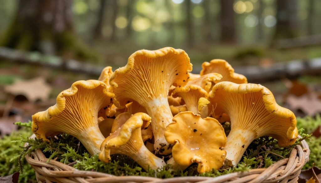 A beautifully arranged basket overflowing with freshly foraged chanterelle mushrooms, also known as "kanie," sits prominently in the foreground, showcasing their vibrant golden-yellow colors and unique textures. The mushrooms are nestled in a bed of soft, green moss, hinting at their natural forest habitat. In the middle ground, subtle hints of woodland elements like a blurred backdrop of trees and fallen leaves create a rich, earthy atmosphere. Soft, dappled sunlight filters through the leaves above, casting gentle shadows that add depth to the scene. The focus is sharp on the mushrooms, with a slight bokeh effect in the background to enhance their appeal. The overall mood is fresh and inviting, evoking the essence of an early autumn day in a serene forest setting, perfect for illustrating the importance of proper handling after harvesting.