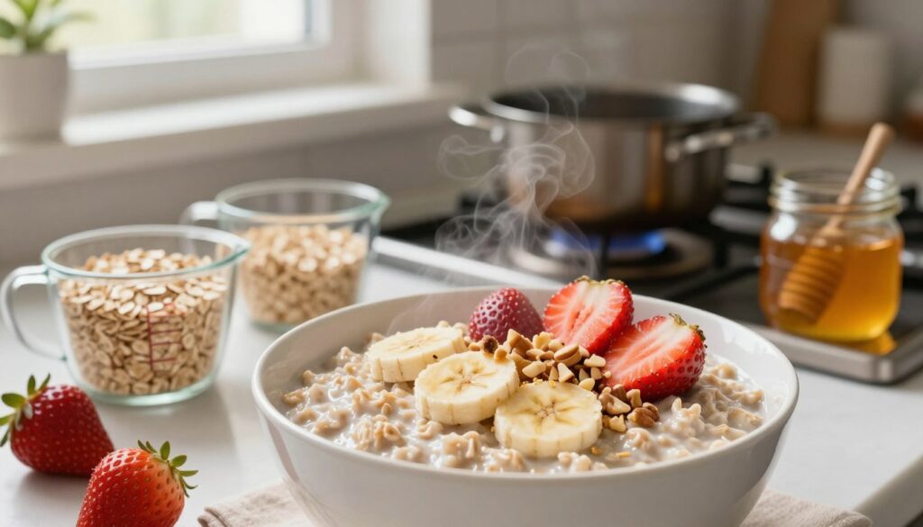 A beautifully arranged bowl of oatmeal sits at the forefront, topped with fresh fruit—sliced bananas, strawberries, and a sprinkle of nuts. The oats are creamy and inviting, with steam lightly rising from the bowl, suggesting warmth. In the middle ground, there are measuring cups filled with rolled oats and a small pot on a stove, alongside a jar of honey and a sprinkle of cinnamon, emphasizing the cooking process. The background features a softly blurred kitchen setting, bathed in warm, natural light coming through a nearby window, creating a cozy atmosphere. The image captures the essence of preparing oatmeal, reflecting care and nourishment in a modern kitchen environment.