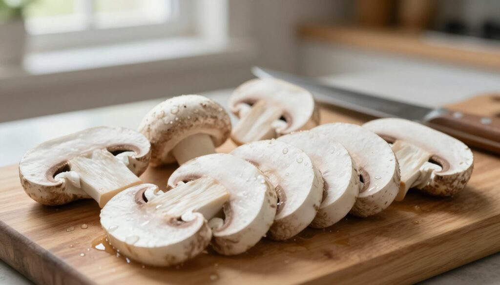 A beautifully arranged close-up of freshly sliced mushrooms on a wooden cutting board, showcasing varying thicknesses of the "plasterki" (slices). The mushrooms should be a mix of white and cremini varieties, highlighting their texture and moisture. The foreground focuses on the glistening slices, with droplets of water emphasizing their freshness. In the background, a warm kitchen setting with soft, natural light illuminating the scene from a nearby window, creating a homely atmosphere. A sharp wooden kitchen knife rests beside the mushrooms, hinting at the preparation process. The composition captures the simplicity and elegance of slicing mushrooms, perfect for pizza toppings, and emphasizes their role in enhancing texture during baking.