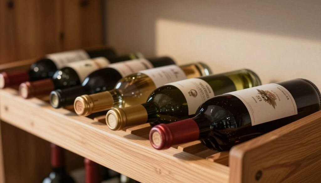 A beautifully arranged collection of wine bottles on a wooden wine rack, showcasing various vintages in a perfectly horizontal position, emphasizing the importance of storing wine properly. The foreground features a striking red wine bottle, its label elegantly catching the soft overhead light. In the middle ground, additional bottles, including a white and a sparkling wine, are artfully positioned to highlight their corks, slightly protruding to convey freshness. The background features a softly blurred wine cellar wall, creating a warm, inviting atmosphere. The scene is lit with gentle, diffused lighting, reminiscent of sunset, casting soft shadows and enhancing the depth of the wood grain. Overall, the image evokes a sense of sophistication and care, ideal for illustrating the theme of wine storage quality.