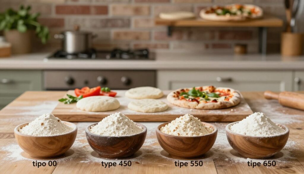 A beautifully arranged comparison of four types of pizza flour: tipo 00, type 450, type 550, and type 650. In the foreground, display small bowls filled with each type of flour, labeled neatly with their type numbers. In the middle ground, include a wooden cutting board with fresh pizza dough and toppings artistically scattered around, emphasizing textures and colors. The background features a softly lit rustic kitchen with a brick wall, an overhead wooden shelf holding completed pizzas, and fresh herbs. Utilize warm, natural lighting to create an inviting atmosphere. Capture the scene at eye level with a shallow depth of field, ensuring the focus remains on the flours and dough. The overall mood should convey authenticity and a love for pizza making.