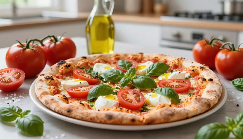 A beautifully arranged composition focusing on the nutritional aspects of pizzas, featuring a close-up view of a classic Neapolitan pizza topped with fresh basil, sliced tomatoes, mozzarella, and a drizzle of olive oil. Surround the pizza with vibrant ingredients like whole tomatoes, fresh basil leaves, and a sprinkle of sea salt, creating a rich tapestry of colors. In the background, a soft-focus kitchen setting with natural light streaming in, emphasizing a warm, inviting atmosphere. Use a shallow depth of field to draw attention to the pizza and ingredients, making them the focal point. Capture the image from a slightly elevated angle to showcase both the pizza's delicious toppings and the nutritional elements around it, evoking a sense of health-conscious indulgence.