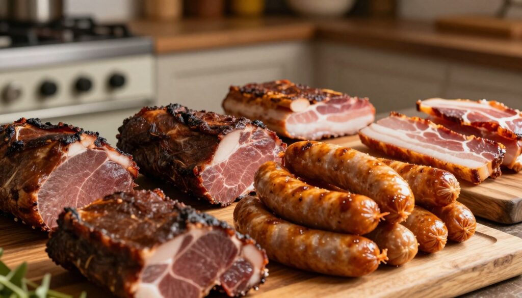 A beautifully arranged display of assorted meats and smoked delicacies, emphasizing a rich variety of textures and colors. In the foreground, a selection of well-marinated, dark brown meats like beef and pork, alongside vibrant, golden sausages glistening with a hint of smoke. The middle ground features smoked bacon slices, their edges crispy and inviting, resting on a rustic wooden cutting board. In the background, a softly blurred kitchen setting with earthy tones, hinting at warm, ambient light. The scene conveys a cozy and inviting atmosphere, evoking the warmth of a traditional kitchen. The overall composition should emphasize the richness and depth of flavors in the featured meats, with natural lighting accentuating the juicy textures and savory details.