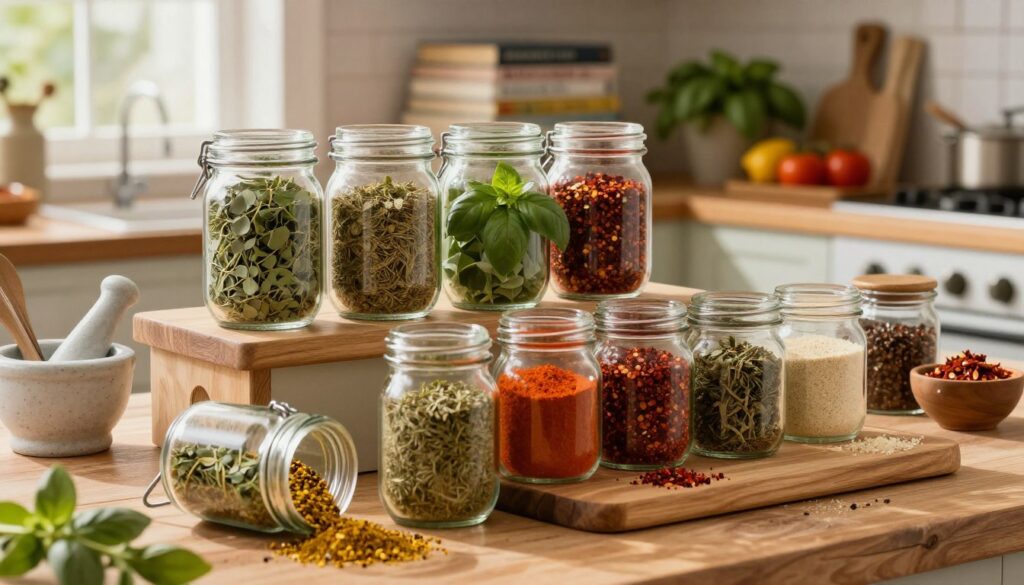 A beautifully arranged display of various pizza spice blends, featuring colorful jars filled with herbs and spices such as oregano, basil, red pepper flakes, and garlic powder. In the foreground, a wooden cutting board showcases a few open jars, with spices spilling out in vibrant colors. The middle layer includes a rustic kitchen counter with utensils like a mortar and pestle, emphasizing a home-cooked atmosphere. The background has blurred elements of a cozy kitchen, with shelves stacked with cookbooks and fresh ingredients, creating a warm, inviting feel. Soft, natural lighting filters through a window, casting gentle shadows, enhancing the earthy tones of the herbs. The overall mood is warm and inviting, perfect for illustrating a section about pre-made spice mixes for pizza-making.