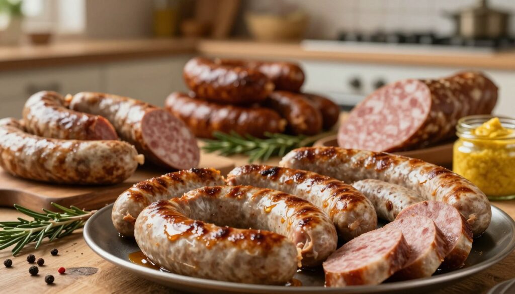 A beautifully arranged display of various types of kiełbasa, including parzona, podsuszana, mocno wędzona, and surowa. In the foreground, showcase a platter of freshly cooked kiełbasa, glistening with juices, with slices revealing the rich textures inside. The middle ground features a rustic wooden table setting with herbs, spices, and a small jar of mustard, adding depth and context. In the background, a softly blurred kitchen environment with warm, inviting lighting, hinting at a homey atmosphere. The image should convey a cozy, appetizing mood, perfect for showcasing the rich tradition of sausage cooking. The composition should be captured with a close-up lens, emphasizing textures and colors, creating an inviting culinary scene, free of any text or distractions.