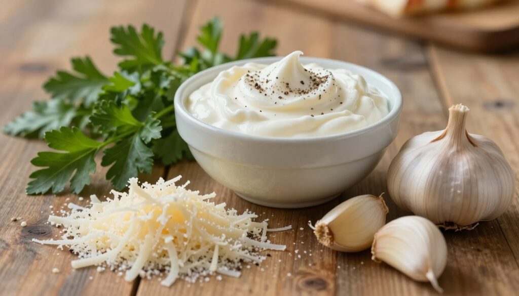 A beautifully arranged flat lay composition showcasing the key ingredients for a creamy garlic parmesan sauce intended for pizza. In the foreground, focus on a generous pile of freshly grated parmesan cheese, glistening under soft, warm lighting. Beside it, finely minced garlic cloves, their texture detailed and aromatic. In the middle ground, place a small bowl filled with thick, creamy sour cream, garnished with a sprinkling of cracked black pepper. Surround the bowl with sprigs of fresh herbs, such as parsley for a hint of freshness. The background should feature a rustic wooden table, softly blurred to enhance the focus on the ingredients, creating a warm and inviting kitchen atmosphere. The overall mood is cozy and culinary, perfect for illustrating a delicious recipe.