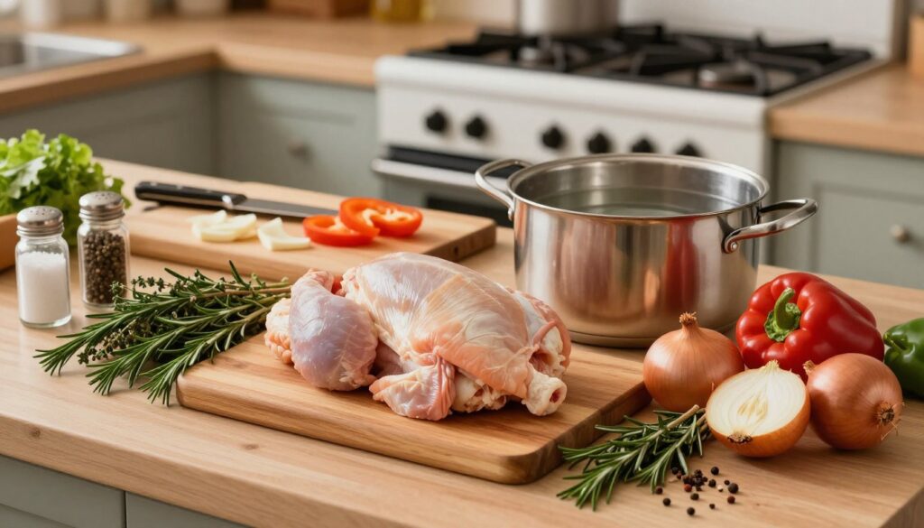 A beautifully arranged kitchen counter in the foreground, featuring raw chicken pieces, vegetables like bell peppers and onions, with fresh herbs like rosemary and thyme. A pot filled with water sits nearby, ready for boiling, while various spices are neatly displayed, including salt and pepper. The ambient lighting creates a warm, inviting atmosphere, emphasizing the freshness of the ingredients. In the middle ground, a wooden chopping board is partially visible, showcasing a knife and some chopped ingredients. In the background, a classic stove is seen, suggesting preparation for cooking. Capture this scene from a slightly elevated angle to provide depth, evoking a sense of anticipation and readiness for a delicious meal.