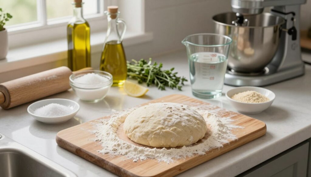A beautifully arranged kitchen countertop showcasing the essential ingredients and tools for making pizza dough. In the foreground, feature a wooden board with flour dust and a mound of dough, alongside a measuring cup filled with warm water, a bowl of yeast, and a small dish of salt. In the middle ground, display fresh ingredients like olive oil, sugar, and a few sprigs of aromatic herbs. Behind, include a rolling pin and a stand mixer to signify the equipment aiding the process. Soft, natural daylight streams through a window, highlighting the textures of the flour and dough, creating a warm, inviting atmosphere that encourages culinary creativity. The composition should be shot from a slightly elevated angle to capture the full essence of the pizza-making setup.