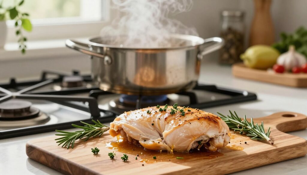 A beautifully arranged kitchen scene centered around a pot of simmering chicken breast, showcasing a juicy piece of chicken on a wooden cutting board. In the foreground, the chicken breast is perfectly cooked, glistening with seasoning, surrounded by freshly chopped herbs like rosemary and thyme. The middle ground features a classic stove with a pot happily bubbling over, releasing steam into the air, indicating perfect cooking. In the background, soft natural lighting illuminates the kitchen, highlighting a selection of spices and vegetables that reflect a warm, inviting atmosphere. A hanging sprig of fresh herbs adds a touch of freshness to the scene. The overall mood is calm and cozy, perfect for a cooking demonstration.