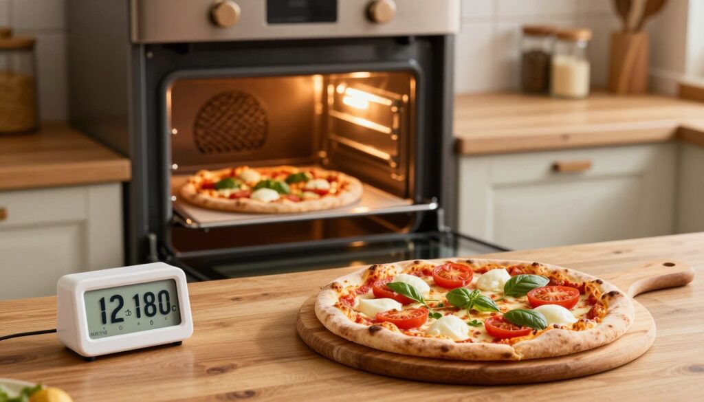 A beautifully arranged kitchen scene featuring a wooden pizza peel with a freshly baked pizza, perfectly golden-brown crust, and vibrant toppings like mozzarella cheese, basil, and ripe tomatoes. In the foreground, a timer shows 12 minutes, symbolizing the time needed for baking pizza at 180°C. The middle shows an open oven with visible internal heat waves and a pizza placed on a stone baking surface, illustrating the cooking process. The background includes a cozy kitchen setting with warm lighting, wooden cabinets, and spice jars on a counter, creating a welcoming atmosphere. The focus is clear and sharp, highlighting the textures of the pizza and ingredients, evoking a sense of culinary warmth and delicious anticipation.