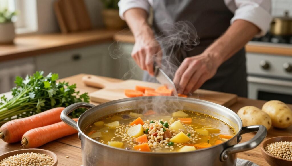 A beautifully arranged kitchen scene focusing on a classic Polish krupnik soup preparation. In the foreground, a large, simmering pot filled with golden broth, chunks of vegetables and grains, steam rising enticingly. Surrounding the pot are fresh ingredients laid out: carrots, potatoes, parsley, and barley, as well as wooden utensils. In the middle ground, a cozy wooden table with a chef in modest casual clothing, expertly chopping vegetables with a focused expression. The background features warm, soft lighting that gives a homely, inviting atmosphere, highlighting the rustic decor of the kitchen. Capture the essence of traditional cooking, emphasizing the warmth and heartiness of the dish through rich colors and a comforting vibe. The image should have a shallow depth of field, emphasizing the food while gently blurring the background.