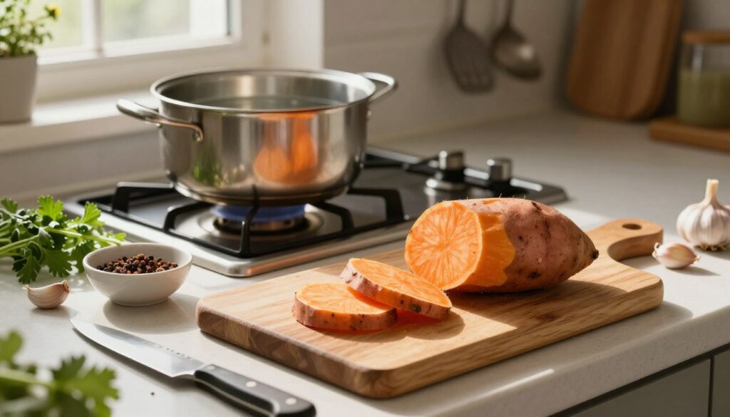 A beautifully arranged kitchen scene highlighting the preparation of sweet potatoes before cooking. In the foreground, a wooden cutting board is adorned with freshly washed and peeled sweet potatoes, their vibrant orange color standing out. A sharp knife and a small bowl of spices sit beside them. In the middle ground, a pot filled with water awaits on a stovetop, glistening under warm, natural light that streams in from a nearby window, illuminating the countertop. Fresh herbs and a few garlic cloves are scattered around, adding to the culinary atmosphere. The background features a tidy kitchen with hanging utensils and a plant, contributing to a cozy, inviting mood. The image is captured from a slightly elevated angle, emphasizing the preparation process while maintaining clarity and focus on the sweet potatoes. A beautifully arranged kitchen scene highlighting the preparation of sweet potatoes before cooking. In the foreground, a wooden cutting board is adorned with freshly washed and peeled sweet potatoes, their vibrant orange color standing out. A sharp knife and a small bowl of spices sit beside them. In the middle ground, a pot filled with water awaits on a stovetop, glistening under warm, natural light that streams in from a nearby window, illuminating the countertop. Fresh herbs and a few garlic cloves are scattered around, adding to the culinary atmosphere. The background features a tidy kitchen with hanging utensils and a plant, contributing to a cozy, inviting mood. The image is captured from a slightly elevated angle, emphasizing the preparation process while maintaining clarity and focus on the sweet potatoes.