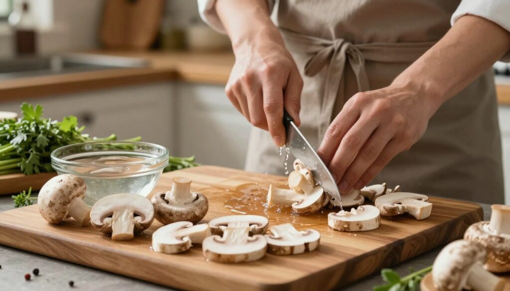 A beautifully arranged kitchen scene illustrating the preparation of mushrooms for cooking. In the foreground, a wooden cutting board showcases freshly cleaned and sliced mushrooms, with a small bowl filled with water for soaking. The mushrooms glisten, revealing their textures. In the middle ground, a chef wearing a modest apron gently cleans more mushrooms under running water, while knife skills are highlighted as they slice various types of mushrooms. The background reveals a cozy, warmly lit kitchen filled with herbs and spices, creating an inviting atmosphere. Soft, natural lighting emphasizes the earthy colors and freshness of the ingredients, capturing the essence of culinary preparation.