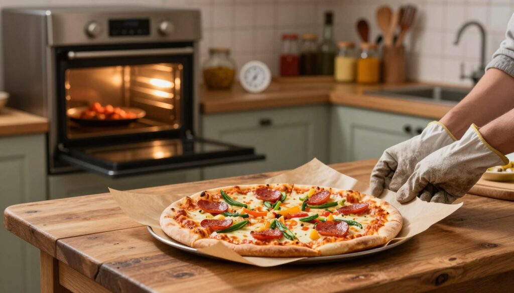 A beautifully arranged kitchen scene showcasing a freshly reheated pizza on a rustic wooden table. The pizza is topped with melted cheese, vibrant vegetables, and pepperoni, glistening under warm, inviting kitchen lighting. In the foreground, a pair of gloved hands carefully place a sheet of parchment paper beneath the pizza, illustrating a handy trick to prevent it from drying out during reheating. In the middle ground, an oven is partially open, emitting a soft glow, while a timer is set prominently on the countertop. In the background, shelves filled with colorful spices and utensils create a cozy atmosphere, capturing the essence of a homey cooking environment. The overall mood is warm and inviting, encouraging viewers to embrace quick and effective reheating techniques. A beautifully arranged kitchen scene showcasing a freshly reheated pizza on a rustic wooden table. The pizza is topped with melted cheese, vibrant vegetables, and pepperoni, glistening under warm, inviting kitchen lighting. In the foreground, a pair of gloved hands carefully place a sheet of parchment paper beneath the pizza, illustrating a handy trick to prevent it from drying out during reheating. In the middle ground, an oven is partially open, emitting a soft glow, while a timer is set prominently on the countertop. In the background, shelves filled with colorful spices and utensils create a cozy atmosphere, capturing the essence of a homey cooking environment. The overall mood is warm and inviting, encouraging viewers to embrace quick and effective reheating techniques.