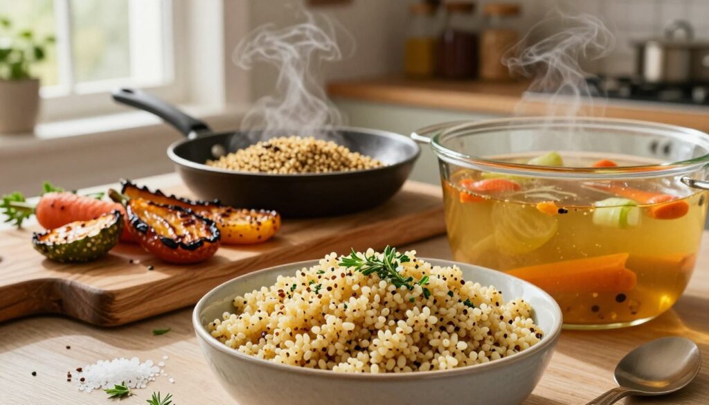 A beautifully arranged kitchen scene, showcasing a vibrant assortment of quinoa dishes. In the foreground, a bowl of perfectly cooked fluffy quinoa glistens, sprinkled with fresh herbs and a hint of sea salt. Next to it, a pot of rich, golden vegetable broth simmers gently, with visible ingredients like carrots and celery. In the middle ground, a rustic wooden cutting board displays roasted vegetables with an inviting char, while a small skillet with toasted quinoa grains emits a warm steam, highlighting the toasting process. Soft, natural lighting filters through a nearby window, casting a warm glow over the scene, creating a cozy, inviting atmosphere. The background features shelves with various spices and herbs, enhancing the home-cooking vibe, inviting viewers to explore the flavors in cooking quinoa without bitterness.
