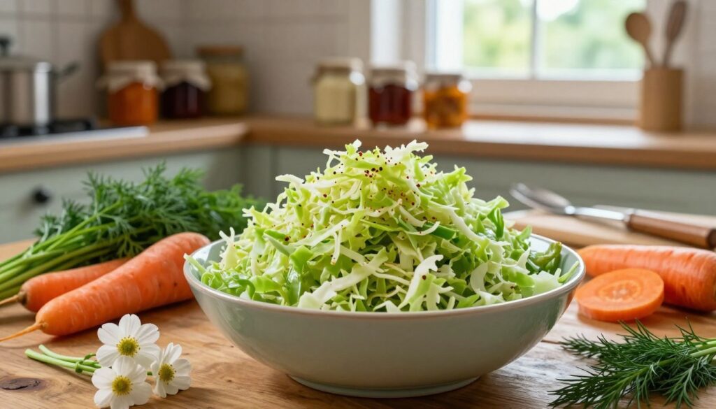 A beautifully arranged kitchen setting featuring a large bowl of freshly prepared, vibrant kapusta kiszona (fermented cabbage). In the foreground, the bowl overflows with finely shredded, bright green cabbage infused with spices, showcasing its crunchy texture. Surrounding the bowl, various ingredients like carrots and flowers of dill create a harmonious composition. In the middle ground, a rustic wooden table is adorned with kitchen utensils and a cutting board, hinting at the cooking process. The background includes soft-focus shelves filled with jars of homemade preserves, contributing to a warm, inviting atmosphere. Natural light streams through a window, casting a gentle glow over the scene, highlighting the freshness and flavor of the dish. The image conveys a sense of culinary tradition and home cooking, focusing on the essence of kapusta kiszona in a cozy kitchen environment.