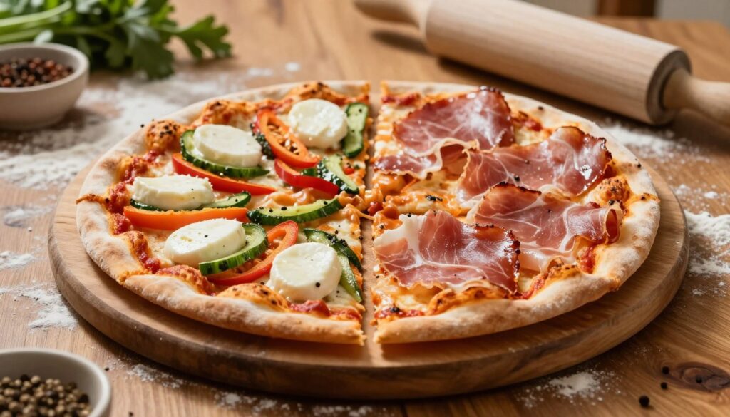 A beautifully arranged pizza on a wooden table, showcasing two halves: one topped with various elements before baking, including mozzarella and vibrant vegetables, and the other displaying freshly added slices of ham after baking, glistening and warm. The pizza is placed on a rustic, round cutting board, with scattered flour and a rolling pin in the background. Soft, natural lighting casts gentle shadows, creating a cozy kitchen atmosphere. In the background, there are hints of herbs and spices to evoke the flavors of Italian cuisine. The scene focuses on the contrasting textures and colors of the ingredients, emphasizing the question of when to add ham for optimal results, with a warm and inviting mood. A beautifully arranged pizza on a wooden table, showcasing two halves: one topped with various elements before baking, including mozzarella and vibrant vegetables, and the other displaying freshly added slices of ham after baking, glistening and warm. The pizza is placed on a rustic, round cutting board, with scattered flour and a rolling pin in the background. Soft, natural lighting casts gentle shadows, creating a cozy kitchen atmosphere. In the background, there are hints of herbs and spices to evoke the flavors of Italian cuisine. The scene focuses on the contrasting textures and colors of the ingredients, emphasizing the question of when to add ham for optimal results, with a warm and inviting mood.
