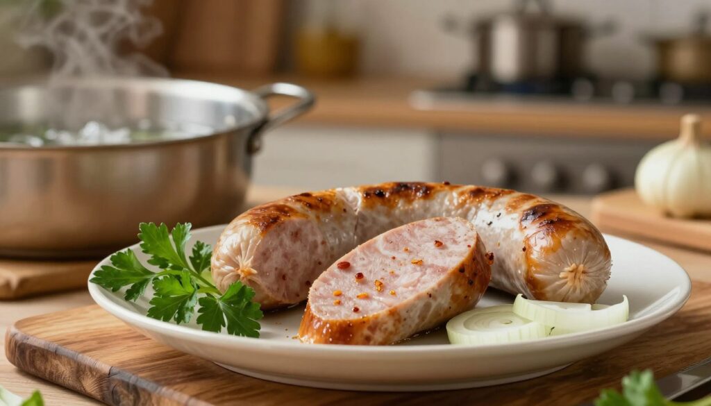 A beautifully arranged plate of białą kiełbasę (white sausage) sizzling gently, showcasing its delicate, slightly golden-brown exterior and juicy, tender interior. In the foreground, focus on the sausage cut in half, revealing its moist texture and spices. Surround it with vibrant garnishes like fresh parsley and sliced onions for a pop of color. In the middle ground, a rustic wooden cutting board and a pot with gently simmering water, softly bubbling, hinting at the cooking process. The background features a warm, inviting kitchen with soft diffused lighting, creating an intimate ambiance, perhaps with blurred silhouettes of cooking tools. The mood is cozy and homely, inviting the viewer to explore the art of cooking this traditional delicacy. A beautifully arranged plate of białą kiełbasę (white sausage) sizzling gently, showcasing its delicate, slightly golden-brown exterior and juicy, tender interior. In the foreground, focus on the sausage cut in half, revealing its moist texture and spices. Surround it with vibrant garnishes like fresh parsley and sliced onions for a pop of color. In the middle ground, a rustic wooden cutting board and a pot with gently simmering water, softly bubbling, hinting at the cooking process. The background features a warm, inviting kitchen with soft diffused lighting, creating an intimate ambiance, perhaps with blurred silhouettes of cooking tools. The mood is cozy and homely, inviting the viewer to explore the art of cooking this traditional delicacy.