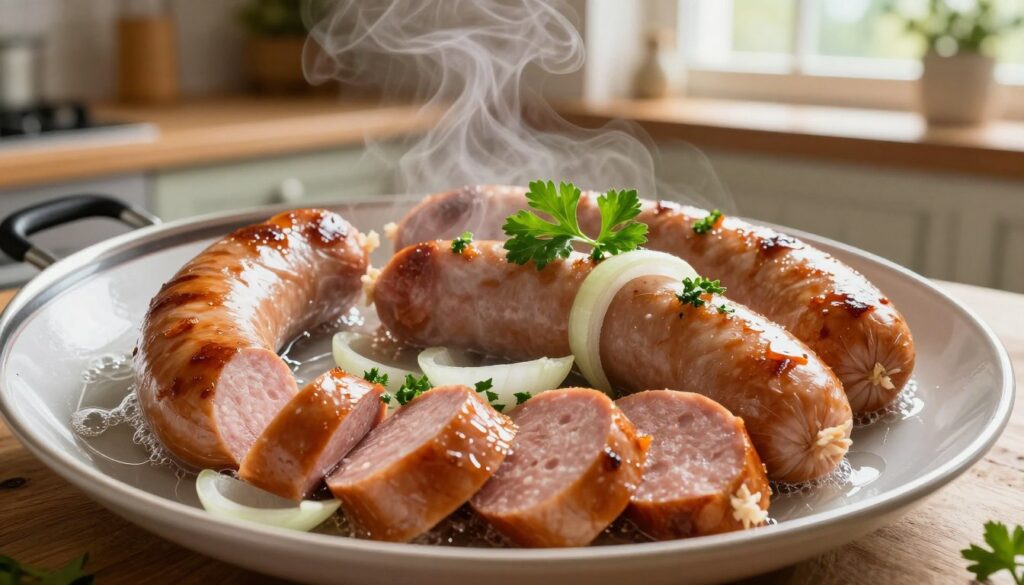 A beautifully arranged plate of "kiełbasa z wody," featuring sliced Polska sausage, glistening from its gentle boiling process. The sausages maintain a rich, golden-brown hue and are garnished with a sprinkle of fresh parsley and slices of savory onion. In the foreground, a shiny pot filled with boiling water steams softly, while bubbles dance atop the surface. The background showcases a rustic kitchen setting, with wooden countertops and a hint of herbs hanging from a shelf, illuminated by warm, natural light filtering through a window. The overall atmosphere is inviting and homey, evoking a sense of comfort and traditional cooking. The image captures the essence of preparing perfect boiled sausages, with an emphasis on the juicy texture and vibrant colors.
