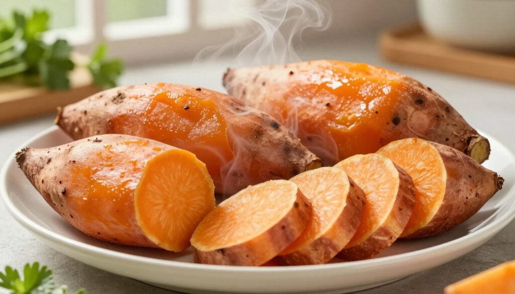 A beautifully arranged plate of steamed sweet potatoes, bataty parze, showcasing their vibrant orange color and smooth, glossy texture. The sweet potatoes are displayed with gentle steam rising from them, highlighting their freshness and nutritional value. In the foreground, a few whole sweet potatoes are artistically placed beside the sliced ones, revealing their rich, orange interior. The background features a soft-focused kitchen setting with natural light filtering through a window, creating a warm and inviting atmosphere. A splash of greenery, such as fresh herbs or leafy greens, subtly enhances the composition. The mood is wholesome and nutritious, perfect for showcasing healthy cooking practices. The image should be bright and appetizing, with a slight overhead angle that captures the details of the dish. A beautifully arranged plate of steamed sweet potatoes, bataty parze, showcasing their vibrant orange color and smooth, glossy texture. The sweet potatoes are displayed with gentle steam rising from them, highlighting their freshness and nutritional value. In the foreground, a few whole sweet potatoes are artistically placed beside the sliced ones, revealing their rich, orange interior. The background features a soft-focused kitchen setting with natural light filtering through a window, creating a warm and inviting atmosphere. A splash of greenery, such as fresh herbs or leafy greens, subtly enhances the composition. The mood is wholesome and nutritious, perfect for showcasing healthy cooking practices. The image should be bright and appetizing, with a slight overhead angle that captures the details of the dish.