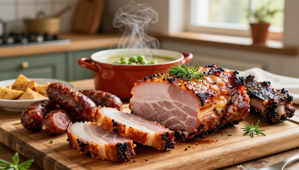 A beautifully arranged platter of smoked pork belly (boczek) garnished with fresh herbs, showcasing its rich marbling and crispy skin. In the foreground, the boczek is sliced thickly, revealing its juicy interior and smoky flavor. Surrounding the meat are colorful accompaniments: a side of rustic, hearty sausage and smoky ribs, all artfully presented on a wooden cutting board. In the middle ground, pots of creamy split pea soup steam gently, hinting at its aromatic flavor, with a backdrop of a rustic kitchen setting softly illuminated by warm, natural light filtering through a window. The atmosphere is inviting and homely, evoking a sense of warmth and comfort. Use a shallow depth of field to keep the focus on the boczek while softly blurring the background. A beautifully arranged platter of smoked pork belly (boczek) garnished with fresh herbs, showcasing its rich marbling and crispy skin. In the foreground, the boczek is sliced thickly, revealing its juicy interior and smoky flavor. Surrounding the meat are colorful accompaniments: a side of rustic, hearty sausage and smoky ribs, all artfully presented on a wooden cutting board. In the middle ground, pots of creamy split pea soup steam gently, hinting at its aromatic flavor, with a backdrop of a rustic kitchen setting softly illuminated by warm, natural light filtering through a window. The atmosphere is inviting and homely, evoking a sense of warmth and comfort. Use a shallow depth of field to keep the focus on the boczek while softly blurring the background.
