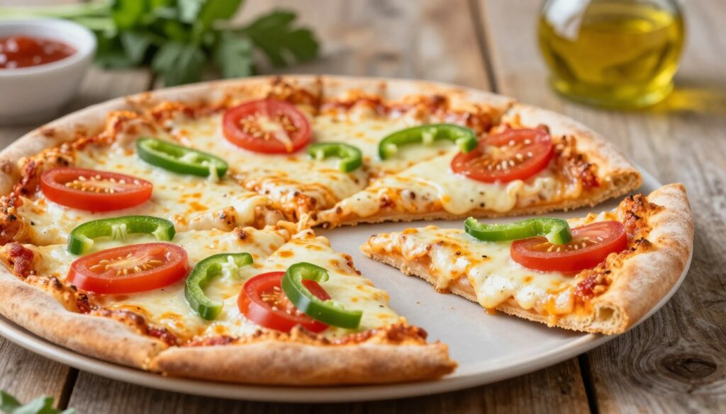 A beautifully arranged portion of a 50 cm pizza, sliced into equal pieces, showcasing vibrant toppings like vivid red tomatoes, green bell peppers, and melted mozzarella cheese. The foreground features a close-up of the pizza slices on a rustic wooden table, with one slice slightly lifted on a plate to emphasize its deliciousness. The middle ground captures additional slices and perhaps a small dish of dipping sauce for contrast. In the background, soft-focus kitchen elements like herbs and a bottle of olive oil hint at a homey atmosphere. Soft, warm lighting highlights the cheese's gooey texture and the fresh ingredients, creating an inviting and appetizing scene perfect for discussing portion size and calorie counts.