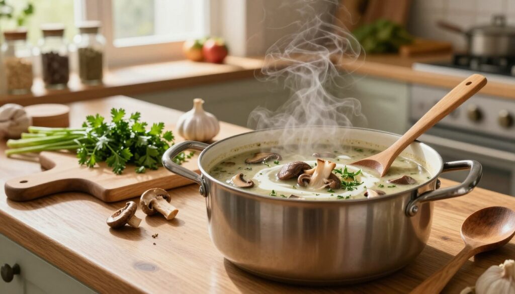 A beautifully arranged rustic kitchen countertop featuring a pot of steaming mushroom soup. In the foreground, a large, shiny pot filled with a rich, creamy broth, dotted with fresh and dried mushrooms, herbs, and a swirl of cream. A wooden spoon rests beside the pot, emphasizing the preparation process. In the middle, a chopping board with freshly chopped ingredients like parsley and garlic, along with a scattering of dried mushrooms. In the background, a softly lit kitchen setting with shelves of spices, fresh produce, and a cozy window letting in warm natural light, creating a welcoming and inviting atmosphere. The image captures the essence of comfort food, evoking a sense of warmth and homeliness, focusing on the deliciousness of mushroom soup.