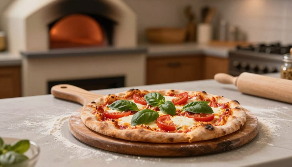 A beautifully arranged scene of a home kitchen focused on a wooden pizza peel with a freshly baked, perfectly golden-brown pizza topped with vibrant green basil leaves, rich red tomatoes, and melting mozzarella cheese. In the background, a rustic stove is visible, with a wood-fired oven glowing softly, hinting at the ideal baking environment. Soft, warm lighting illuminates the kitchen, creating a cozy atmosphere. The angle captures the countertop, with a sprinkle of flour and a rolling pin beside it, suggesting the preparation process. Ensure the setting conveys a feeling of warmth and homeliness, inviting the viewer to enjoy the art of pizza making. No people are present in the image; the focus remains solely on the pizza and kitchen elements.