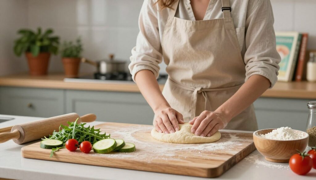 A beautifully arranged scene of a kitchen countertop, showcasing the step-by-step preparation of a lighter pizza. In the foreground, a rustic wooden cutting board displays fresh ingredients: thin slices of zucchini, cherry tomatoes, and a sprinkle of arugula. A rolling pin and a small bowl of whole wheat flour rest nearby, suggesting a healthy pizza dough preparation. In the middle ground, an apron-clad female chef, wearing modest casual clothing, is kneading the dough with a focused yet cheerful expression, emphasizing a sense of care and creativity. The background features a softly lit kitchen with potted herbs and a hint of Italian cookbooks on a shelf, creating a warm and inviting atmosphere. Soft, diffused lighting casts gentle shadows, enhancing the inviting and wholesome feel of cooking a lighter pizza that retains flavor.