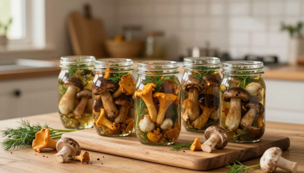 A beautifully arranged scene of marinated mushrooms in glass jars, showcasing a variety of colorful mushrooms like chanterelles, porcini, and button mushrooms. The jars are filled with a rich-looking marinade made of herbs and spices, with fresh dill and garlic visible. In the foreground, a wooden cutting board with a few additional mushrooms and sprigs of herbs creates a rustic feel. In the middle background, a softly lit kitchen counter with soft shadows enhances the cozy atmosphere. Warm, ambient lighting creates a welcoming glow, while natural light filters in from a nearby window, illuminating the jars. The composition should evoke a sense of homey preservation, ideal for winter storage. The entire scene has an inviting, warm tone, perfect for a seasonal culinary theme. A beautifully arranged scene of marinated mushrooms in glass jars, showcasing a variety of colorful mushrooms like chanterelles, porcini, and button mushrooms. The jars are filled with a rich-looking marinade made of herbs and spices, with fresh dill and garlic visible. In the foreground, a wooden cutting board with a few additional mushrooms and sprigs of herbs creates a rustic feel. In the middle background, a softly lit kitchen counter with soft shadows enhances the cozy atmosphere. Warm, ambient lighting creates a welcoming glow, while natural light filters in from a nearby window, illuminating the jars. The composition should evoke a sense of homey preservation, ideal for winter storage. The entire scene has an inviting, warm tone, perfect for a seasonal culinary theme.