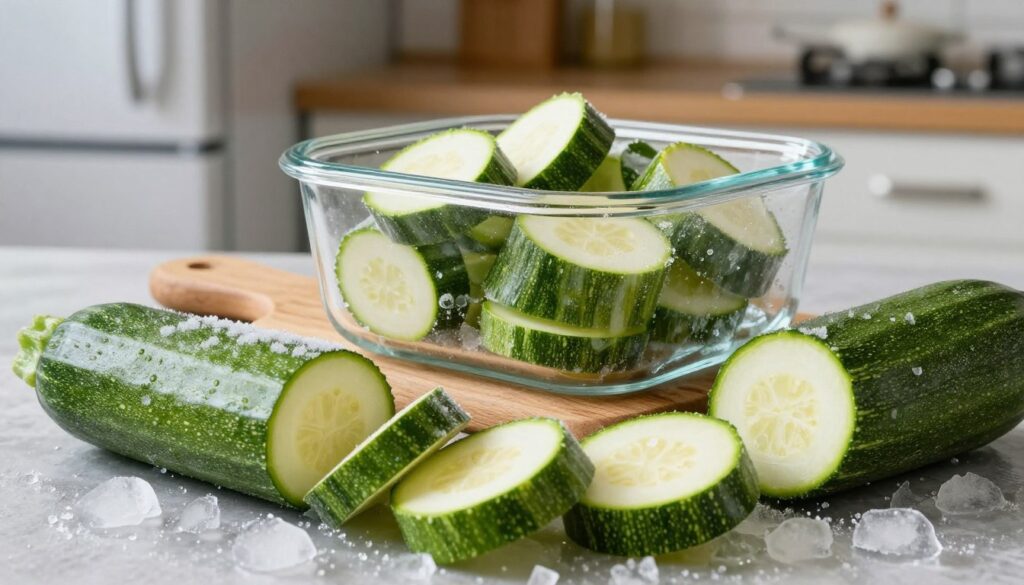 A beautifully arranged scene showcasing frozen zucchini. In the foreground, several vibrant green zucchini, sliced into neat rounds, are scattered on a chilled surface, glistening with frost. In the middle, a clear glass container filled with neatly packed frozen zucchini slices is placed, surrounded by ice crystals. Behind this, a rustic wooden cutting board hints at the natural setting, with soft, diffused lighting illuminating the scene to emphasize the freshness and coolness. The background features a subtle kitchen setting, with blurred hints of a refrigerator and kitchen utensils to create a warm, homey atmosphere. The overall mood is inviting and practical, reflecting the essence of winter vegetable storage.