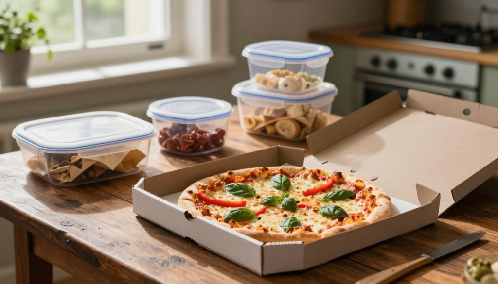 A beautifully arranged scene showcasing how to store pizza for optimal freshness. In the foreground, a neatly stacked pizza box with a deliciously topped pizza, capturing the melted cheese and vibrant toppings like bell peppers and basil. Surrounding the box, various items for preservation like parchment paper and airtight containers, displaying thoughtful storage methods. In the middle, a rustic wooden table enhances the homely atmosphere, while a soft natural light filters in from a nearby window, creating a warm and inviting glow. In the background, hints of a cozy kitchen can be seen, with a vintage oven and herbs on a windowsill, adding to the overall charm. The mood is inviting and appetizing, emphasizing the importance of proper pizza storage before reheating.