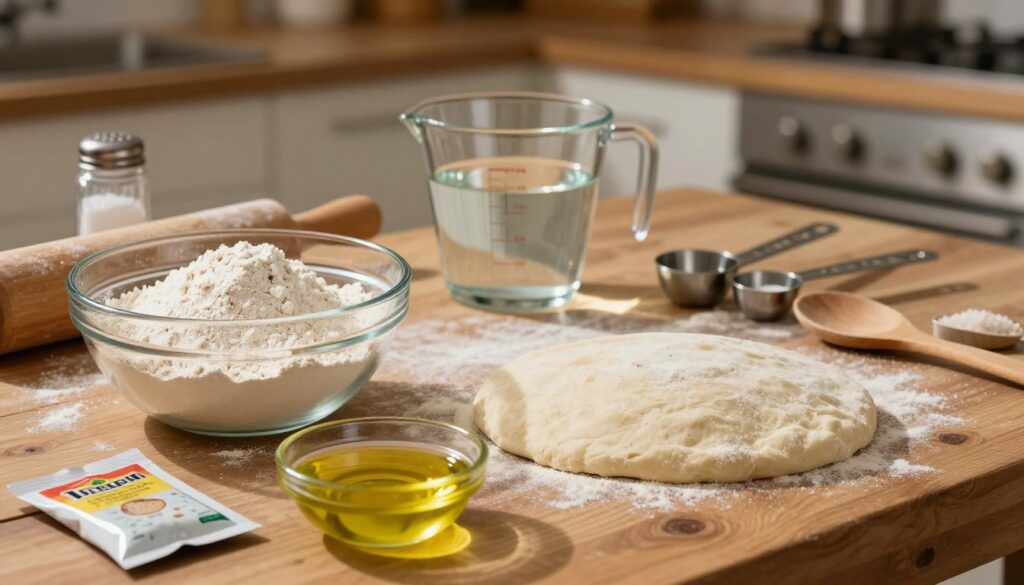 A beautifully arranged scene showcasing the essential ingredients for pizza dough, including flour, yeast, salt, and olive oil. In the foreground, a rustic wooden table holds a large glass bowl filled with white flour, a small dish of golden olive oil, and a packet of yeast. Next to it, a wooden spoon rests beside a salt shaker. The middle of the composition features a measuring cup with water and neatly arranged measuring spoons on the side, casting soft shadows that suggest a warm kitchen setting. In the background, the faint outline of a cozy kitchen can be seen, with warm lighting illuminating the ingredients, evoking a sense of comfort and creativity. The overall mood is inviting and culinary-focused, perfect for inspiring home bakers to create their own pizza dough. A beautifully arranged scene showcasing the essential ingredients for pizza dough, including flour, yeast, salt, and olive oil. In the foreground, a rustic wooden table holds a large glass bowl filled with white flour, a small dish of golden olive oil, and a packet of yeast. Next to it, a wooden spoon rests beside a salt shaker. The middle of the composition features a measuring cup with water and neatly arranged measuring spoons on the side, casting soft shadows that suggest a warm kitchen setting. In the background, the faint outline of a cozy kitchen can be seen, with warm lighting illuminating the ingredients, evoking a sense of comfort and creativity. The overall mood is inviting and culinary-focused, perfect for inspiring home bakers to create their own pizza dough.