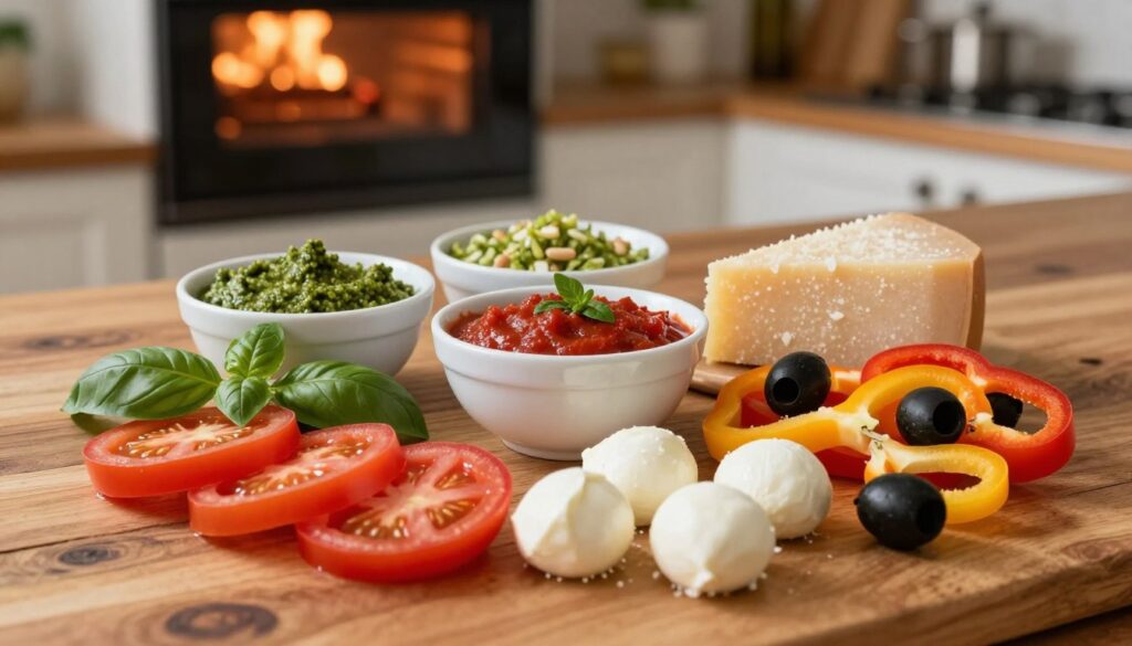 A beautifully arranged selection of pizza toppings displayed on a rustic wooden table. In the foreground, vivid red tomato slices, fresh basil leaves, creamy mozzarella balls, colorful bell pepper strips, and black olives are elegantly scattered. In the middle, there are bowls of rich pesto and tangy marinara sauce, along with a wheel of grated Parmesan cheese. The background features a blurred oven emitting a warm glow, hinting at the baking process. Soft, natural lighting illuminates the toppings, enhancing their vibrant colors and textures, while a cozy kitchen atmosphere invites the viewer in. The overall mood is inviting and appetizing, perfect for showcasing the best pizza toppings.