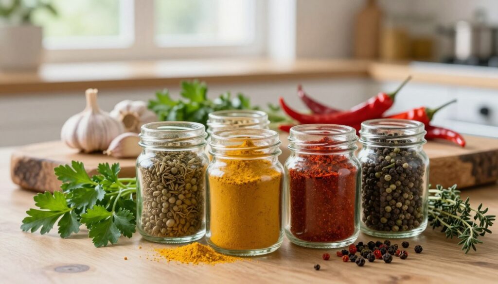 A beautifully arranged selection of spices and herbs, showcasing vibrant colors and textures to symbolize flavor and aroma without the use of bouillon cubes. In the foreground, focus on glass jars filled with colorful spices like turmeric, paprika, and peppercorns, surrounded by fresh herbs like parsley and thyme. The middle ground features a rustic wooden cutting board scattered with whole garlic cloves and bright red chili peppers, enhancing the warmth of the scene. In the background, a softly blurred kitchen setting with natural light streaming in through a window creates an inviting atmosphere. The color palette is rich and earthy, evoking a sense of culinary creativity and a homey feel, ideal for inspiring readers to explore cooking.