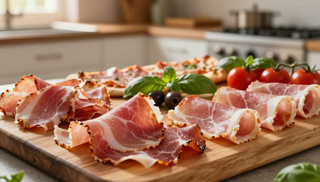 A beautifully arranged selection of various types of ham suitable for pizza, displayed on a rustic wooden board. In the foreground, prominently feature thinly sliced prosciutto, crispy speck, and flavorful cooked ham, each with a distinct texture and color. In the middle, include a variety of pizza toppings like olives, fresh basil, and cherry tomatoes for contrast. The background should be softly blurred, showing a cozy kitchen setting with warm, inviting lighting, mimicking late afternoon sunlight. Capture the mood of Italian culinary tradition while emphasizing the deliciousness and versatility of these ham varieties. Use a shallow depth of field to keep the focus on the ham, creating an appetizing atmosphere. A beautifully arranged selection of various types of ham suitable for pizza, displayed on a rustic wooden board. In the foreground, prominently feature thinly sliced prosciutto, crispy speck, and flavorful cooked ham, each with a distinct texture and color. In the middle, include a variety of pizza toppings like olives, fresh basil, and cherry tomatoes for contrast. The background should be softly blurred, showing a cozy kitchen setting with warm, inviting lighting, mimicking late afternoon sunlight. Capture the mood of Italian culinary tradition while emphasizing the deliciousness and versatility of these ham varieties. Use a shallow depth of field to keep the focus on the ham, creating an appetizing atmosphere.