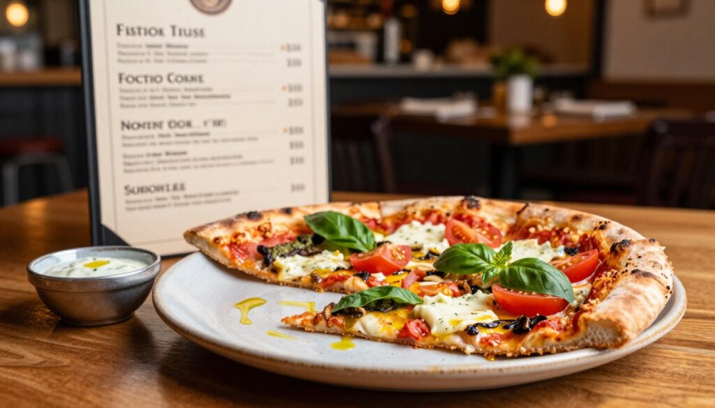 A beautifully arranged serving of gourmet pizza on a wooden table, showcasing a variety of high-quality toppings, including fresh basil, ripe tomatoes, and artisan cheese. In the foreground, a rustic ceramic plate holds a single slice, glistening with olive oil, and a small bowl of dipping sauce beside it. In the middle ground, a charming restaurant menu featuring elegant typography is partially visible, highlighting nutritious options. The background features softly blurred kitchen decor with warm, inviting lighting that creates a cozy atmosphere. The image is captured using a shallow depth of field, focusing on the pizza slice while maintaining a warm, inviting ambiance. The overall mood conveys a sense of culinary delight and dining experience, illustrating a meal that is wholesome and enjoyable.