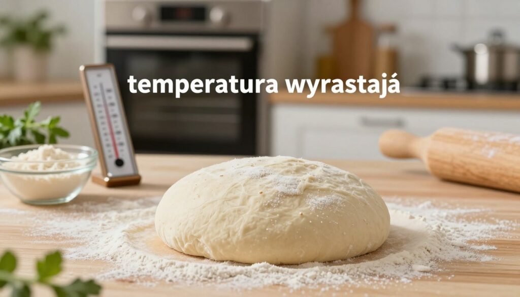 A beautifully arranged setting showcasing dough rising for pizza, emphasizing the concept of "temperatura wyrastania." In the foreground, a round ball of pizza dough rests on a light wooden surface, dusted with flour, in the ideal temperature environment. Soft, warm light illuminates the dough, highlighting its texture and slight elasticity. In the middle ground, charming elements like a thermometer and a bowl of yeast can be seen, visually representing rising temperatures. The background features a softly blurred kitchen scene with herbs, an oven, and baking essentials to enhance the atmosphere. The overall mood conveys warmth and anticipation, illustrating the delicate balance of temperature in the yeast fermentation process, creating an inviting and professional culinary aesthetic.