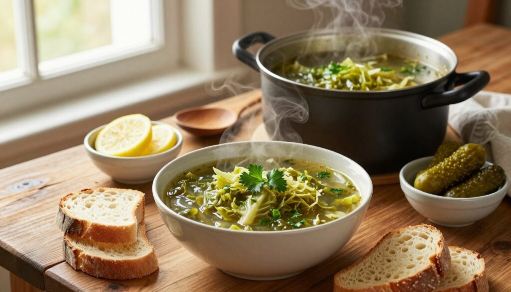 A beautifully arranged still life featuring a traditional pot of kapuśniak (cabbage soup) simmering on a rustic wooden table. In the foreground, a steaming bowl of the soup is garnished with fresh herbs, displaying the vibrant contrast of deep green cabbage against a rich broth. Surrounding the bowl, there are slices of crusty bread and small bowls of acidifying ingredients like lemon slices and pickles, emphasizing the theme of balancing acidity. In the middle ground, a wooden spoon rests beside the pot, hinting at the cooking process. In the background, a soft, warm light filters through a window, casting a cozy glow over a simple kitchen setting. The overall mood conveys warmth and homeliness, inviting viewers to explore the complexities of flavors in this traditional dish. A beautifully arranged still life featuring a traditional pot of kapuśniak (cabbage soup) simmering on a rustic wooden table. In the foreground, a steaming bowl of the soup is garnished with fresh herbs, displaying the vibrant contrast of deep green cabbage against a rich broth. Surrounding the bowl, there are slices of crusty bread and small bowls of acidifying ingredients like lemon slices and pickles, emphasizing the theme of balancing acidity. In the middle ground, a wooden spoon rests beside the pot, hinting at the cooking process. In the background, a soft, warm light filters through a window, casting a cozy glow over a simple kitchen setting. The overall mood conveys warmth and homeliness, inviting viewers to explore the complexities of flavors in this traditional dish.