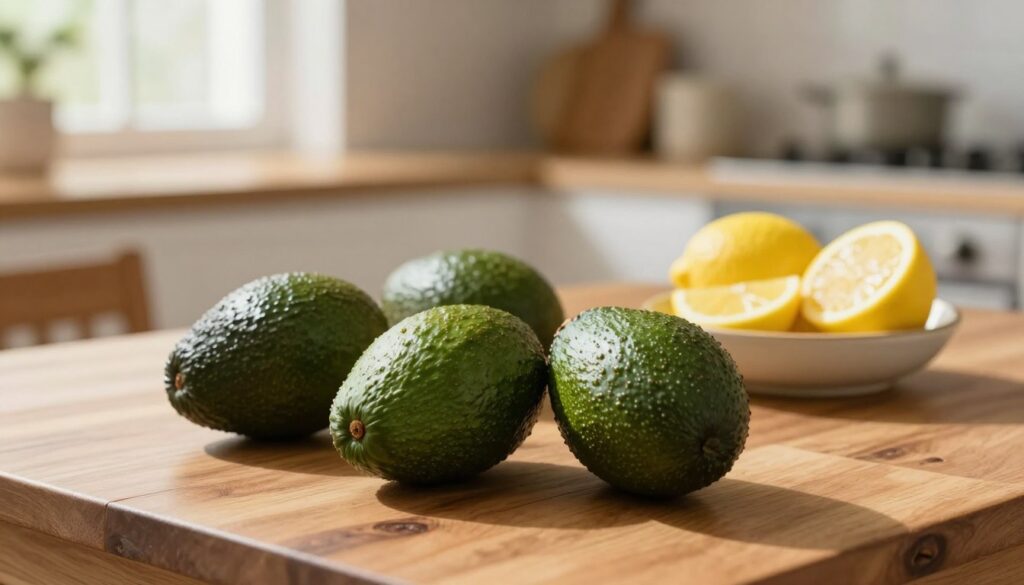 A beautifully arranged still life featuring ripe, whole avocados resting on a natural wooden table, emphasizing their smooth green skin. In the background, a soft-focus kitchen ambiance creates a cozy atmosphere, with warm, inviting light streaming in from a nearby window, highlighting the texture of the avocados. Beside the avocados, a small bowl holds vibrant, sliced lemons, their bright yellow contrasting against the green. The scene conveys an air of tranquility and naturalness, suggesting an ideal room temperature environment for the avocados to ripen. Use a shallow depth of field to draw attention to the avocados in the foreground while maintaining a blurred background that enhances the peaceful mood.