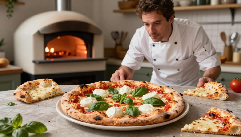 A beautifully crafted pizza Guseppe is the focal point, positioned prominently in the foreground, with a golden-brown crust topped with fresh mozzarella, vibrant basil leaves, and rich tomato sauce. Surrounding the pizza are common baking problems illustrated visually—burnt edges, uneven cheese melting, and a slice with a soggy bottom. In the middle ground, a rustic kitchen setting features a glowing oven, with glowing elements visible, emphasizing its warmth and inviting atmosphere. A chef in a neat white apron inspects the pizza, their expression focused and determined, ready to make quick fixes. The background is softly blurred, showcasing charming kitchen elements like utensils and fresh ingredients, bathed in warm, natural lighting. The overall mood is informative yet inviting, aiming to convey the joy of perfecting pizza.