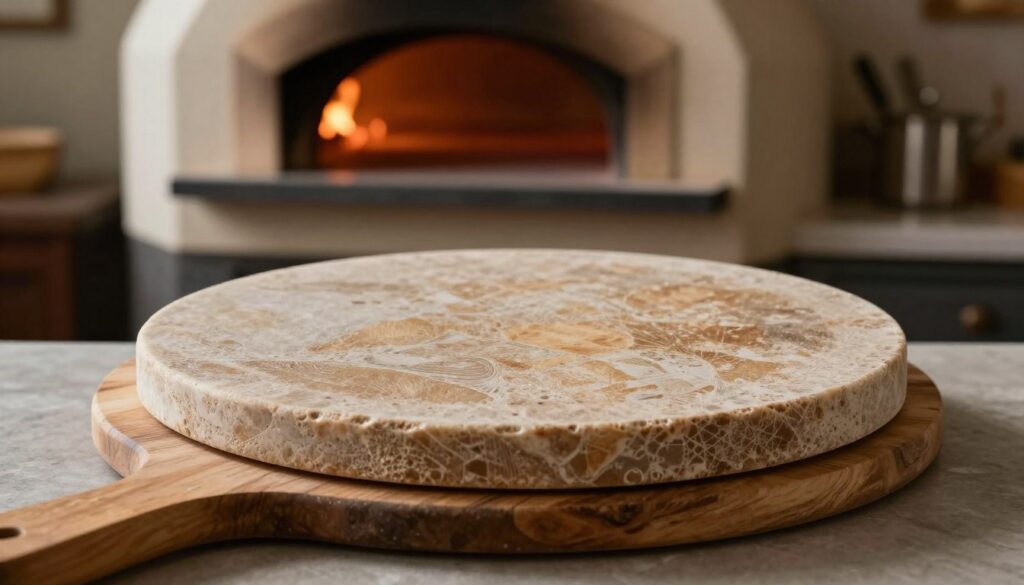 A beautifully crafted pizza stone is prominently displayed in the foreground, showcasing its rich, textured surface and natural color variations, emphasizing kordierit and szamot materials. The stone is circular, with a slight sheen, and perfectly balanced on a rustic wooden pizza peel. In the middle background, an elegant oven is visible, with a cozy, warm ambiance radiating from it, hinting at the heat necessary for baking pizza. The background softly fades into a kitchen setting with muted colors, evoking a warm and inviting atmosphere. The lighting is soft and natural, highlighting the stone's details while casting gentle shadows that enhance its features. The overall mood is one of culinary artistry and passion for pizza-making, creating an inspiring scene for aspiring chefs. A beautifully crafted pizza stone is prominently displayed in the foreground, showcasing its rich, textured surface and natural color variations, emphasizing kordierit and szamot materials. The stone is circular, with a slight sheen, and perfectly balanced on a rustic wooden pizza peel. In the middle background, an elegant oven is visible, with a cozy, warm ambiance radiating from it, hinting at the heat necessary for baking pizza. The background softly fades into a kitchen setting with muted colors, evoking a warm and inviting atmosphere. The lighting is soft and natural, highlighting the stone's details while casting gentle shadows that enhance its features. The overall mood is one of culinary artistry and passion for pizza-making, creating an inspiring scene for aspiring chefs.