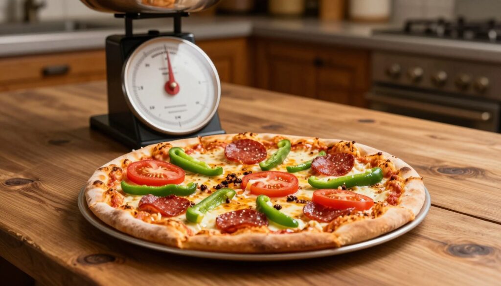 A beautifully detailed 32 cm pizza placed on a rustic wooden table. The foreground features the pizza topped with a variety of ingredients: vibrant green bell peppers, deep red tomatoes, slices of pepperoni, and melted cheese glistening under a warm light. In the middle ground, a weighing scale is positioned next to the pizza, indicating approximate weights for various toppings, adding context to the subject. The background subtly includes a cozy kitchen setting with wooden cabinets and soft, ambient lighting, creating a warm and inviting atmosphere. The image is captured from a slightly elevated angle, allowing a comprehensive view of the pizza and the scale, while maintaining a professional and appetizing presentation.