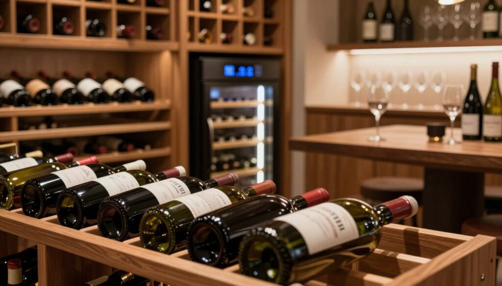 A beautifully organized wine storage room, showcasing ideal conditions for wine storage before opening the bottle. In the foreground, a well-stocked wine rack displays a variety of elegant bottles, all positioned horizontally to maintain the cork's moisture. In the middle ground, soft ambient lighting highlights the rich wooden shelves and creates a warm, inviting atmosphere. A climate-controlled wine cooler emits a gentle glow, emphasizing the importance of maintaining a consistent temperature. In the background, soft-focus displays of organized wine glasses and a wooden tasting table with a few wine-related accessories suggest a cultured and sophisticated environment. The overall ambiance is tranquil and elegant, inviting wine enthusiasts to appreciate the art of proper wine storage.
