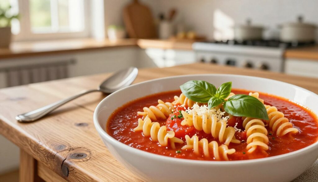 A beautifully presented bowl of "makaron do pomidorówki," featuring al dente pasta swirled gracefully in a rich, vibrant tomato soup. In the foreground, the pasta twirls harmoniously within the glossy, deep red broth, garnished with fresh basil leaves and a sprinkle of cheese. The middle layer showcases a rustic wooden table set with a couple of utensils, adding a homey feel. In the background, softly blurred, lies an inviting kitchen atmosphere with sun rays filtering through a window, illuminating the scene and enhancing the warm tones of the soup. The lighting is natural and bright, creating an inviting ambiance. The overall mood is cozy and appetizing, appealing to anyone who loves comfort food.